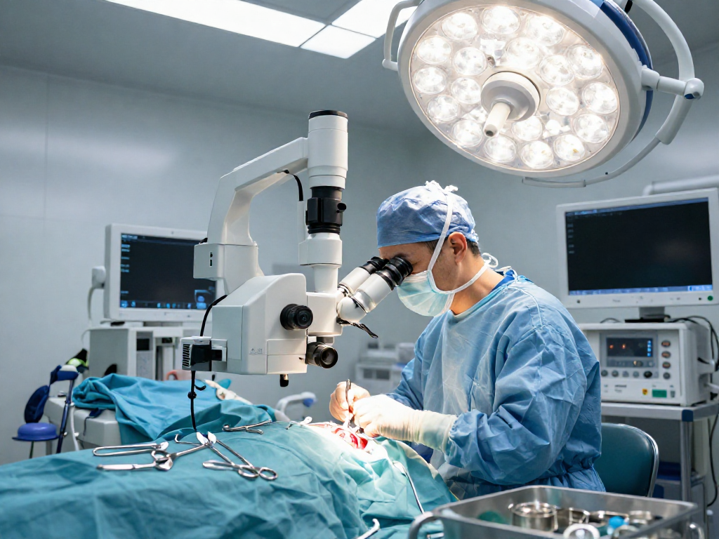 Beyin tümörü ameliyatı scene showing a skilled neurosurgeon in a modern surgical environment, focused on intricate surgery.