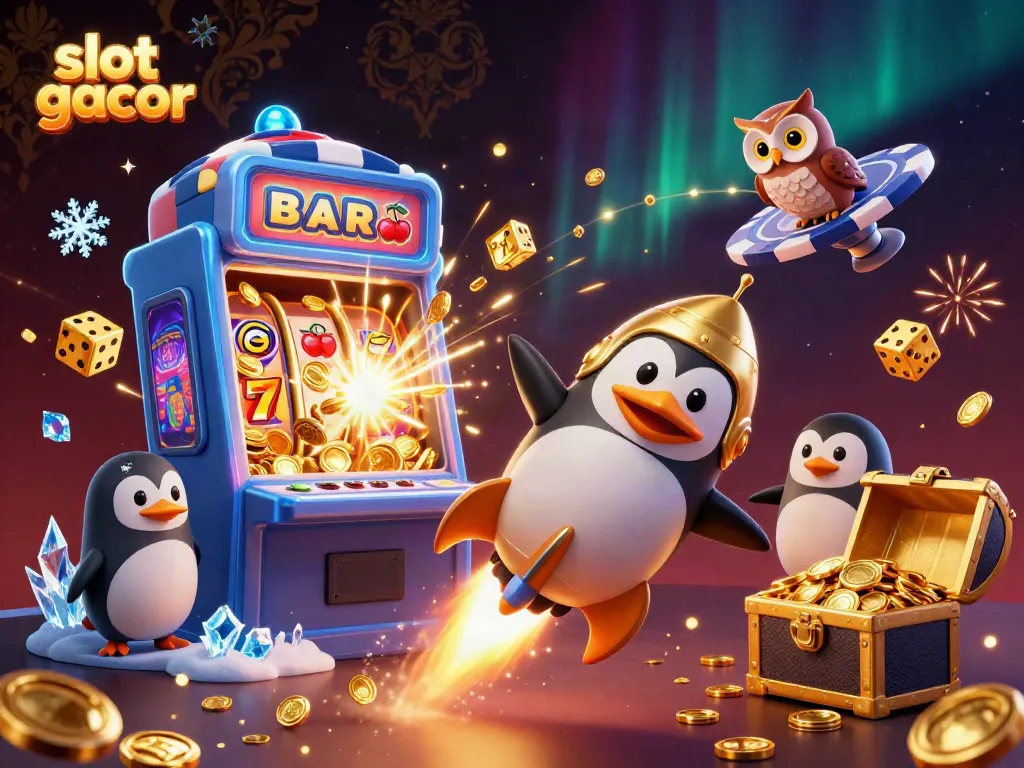 Experience the excitement of slot gacor with a golden penguin flying toward a dazzling casino!