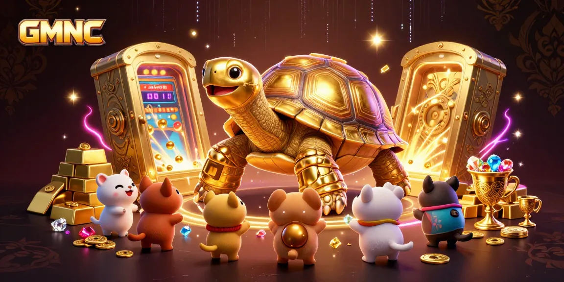 Experience the magic of GMNC with a colossal tortoise pinball machine amidst treasures and vibrant excitement.