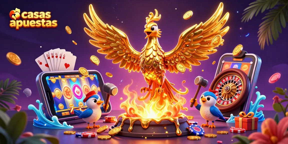 Las casas apuestas generan emoción con un fénix dorado y un smartphone de juegos que estallan en monedas.