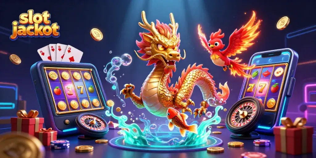 Spin the slot jackpot with a fierce dragon and phoenix surrounded by shimmering coins and gaming elements.