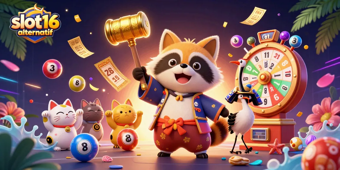 Engage with slot16 alternatif's vibrant world, featuring a cheerful tanuki and energetic game elements.