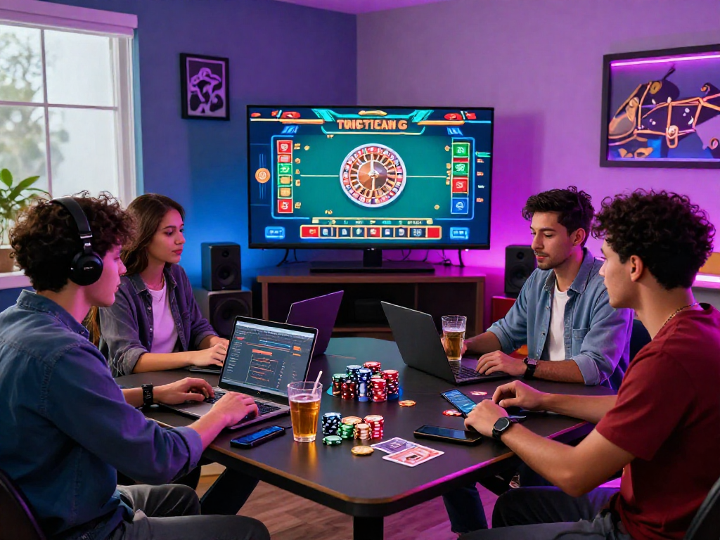 Friends enjoying a thrilling moment at a crypto casino, with vibrant lights and gaming elements.