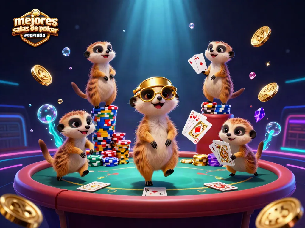 Jugadores en las mejores salas de póker online en España compiten en un animado casino virtual lleno de fichas y acción.