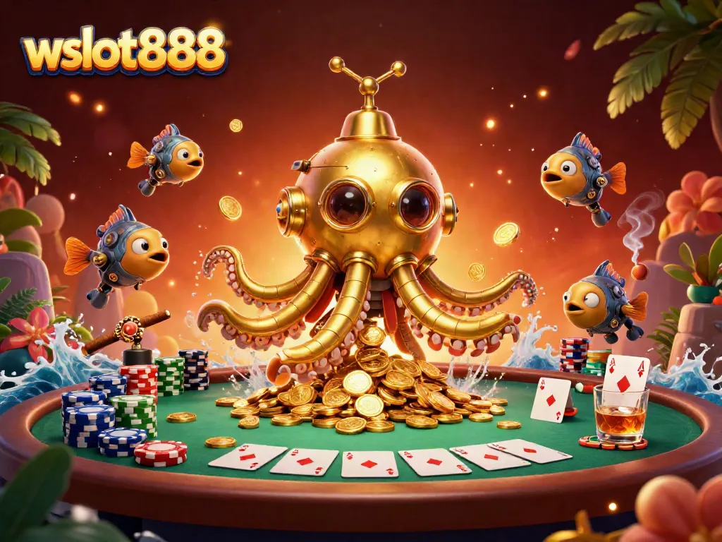 Wslot888 menunjukkan permainan kasino dengan tengkorak emas, ikan mekanik, dan meja poker.