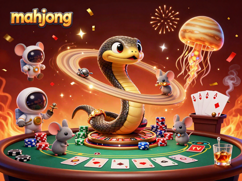 Experience the thrill of mahjong betting with animated cosmic characters in an exciting casino scene.