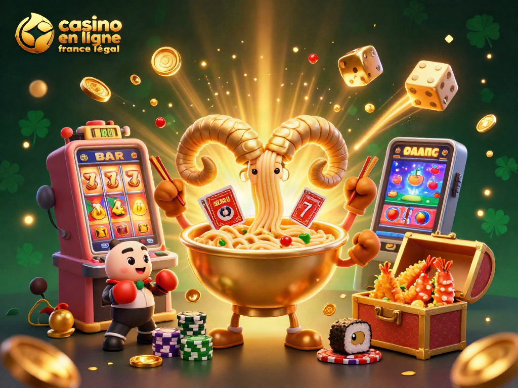 Jouer au casino en ligne légal en France avec des personnages de dessins animés de ramen et d'autres éléments de jeu.