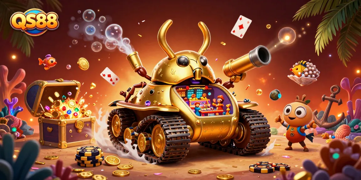 Experience QS88's vibrant casino atmosphere with a golden beetle tank and dynamic gaming elements.