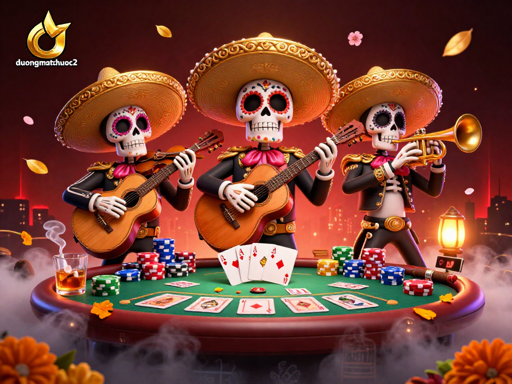 Engage with duongmatchuoc2 as lively mariachi skeletons entertain around a vibrant poker scene.