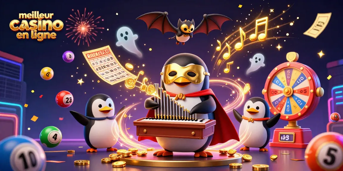 Visualisez le meilleur casino en ligne avec un pingouin fantôme jouant d'un orgue avec des pièces d'or.