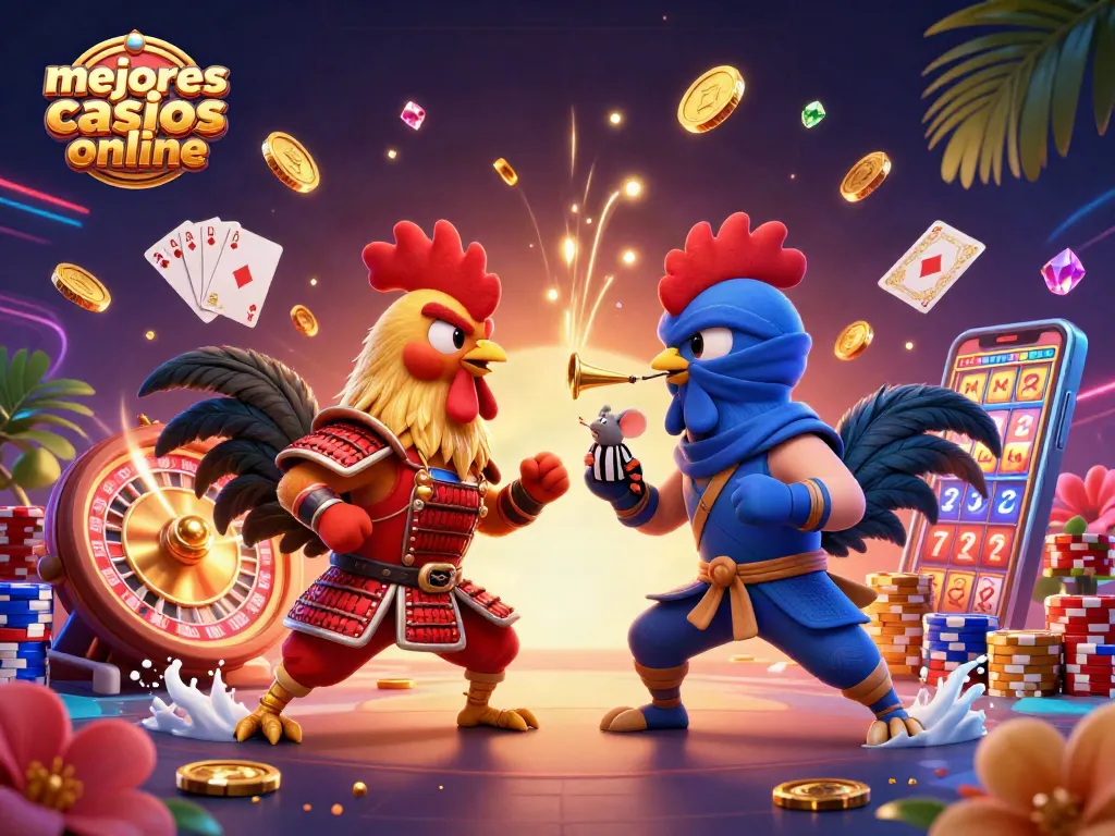 Disfruta los mejores casinos online con acción en una ilustración vibrante de gallos de pelea.