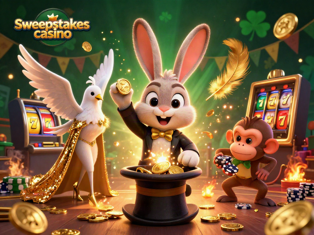 A lively 3D illustration of a magician rabbit, dove, and monkey showcasing sweepstakes casino excitement with golden coins and slot reels