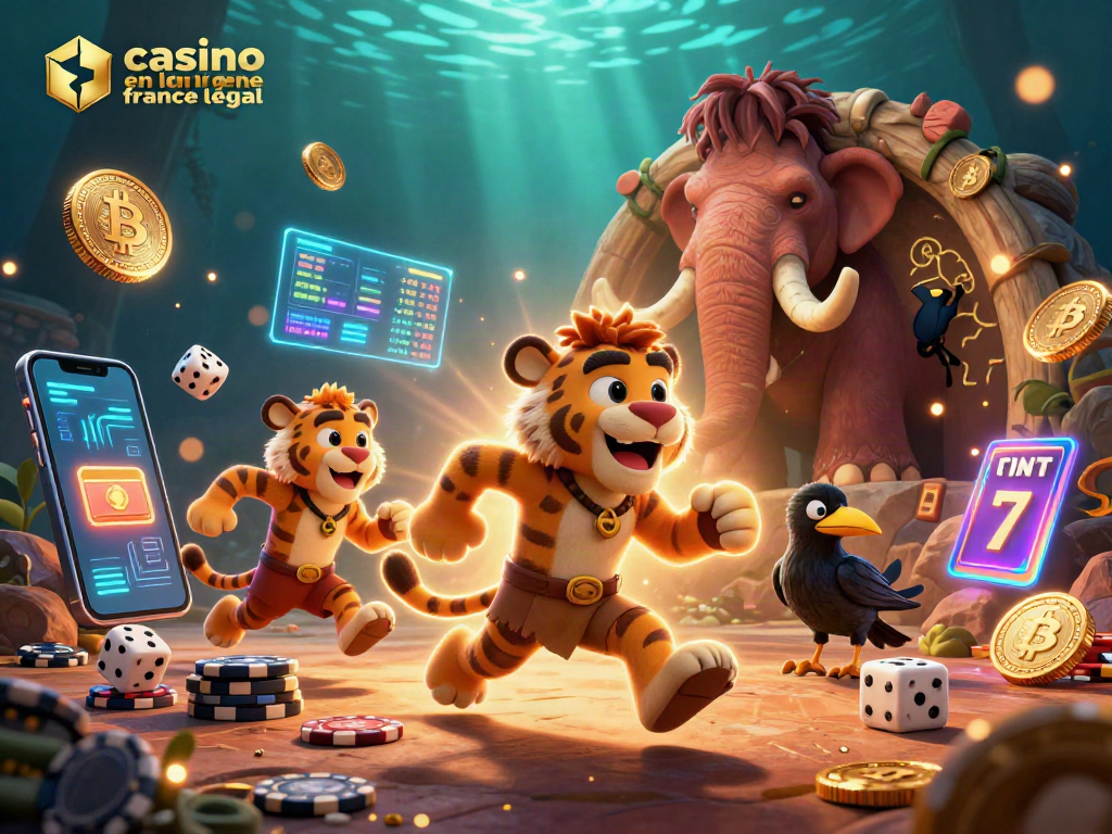 Illustration de casino en ligne France légal avec jeux animés et personnages 3D engageants.