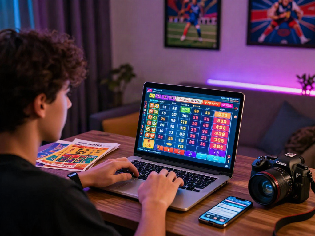 Online gambling enthusiast exploring situs togel results on laptop in cozy room.