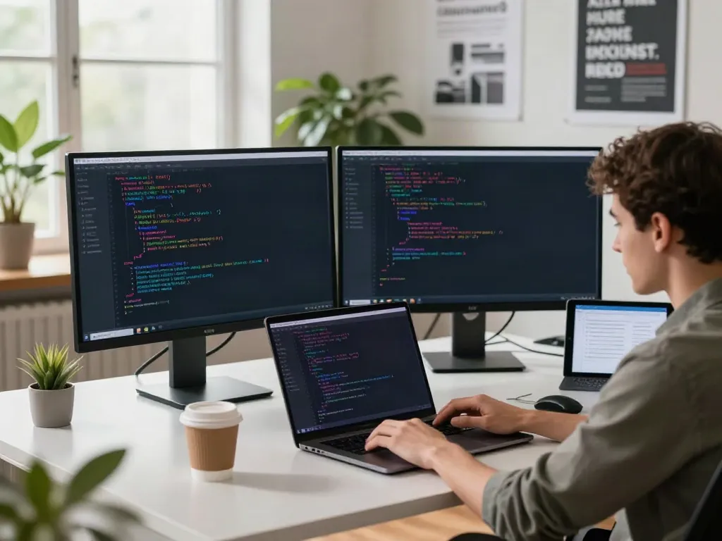 Workspace with developer coding on dual monitors showcasing brave浏览器 features.