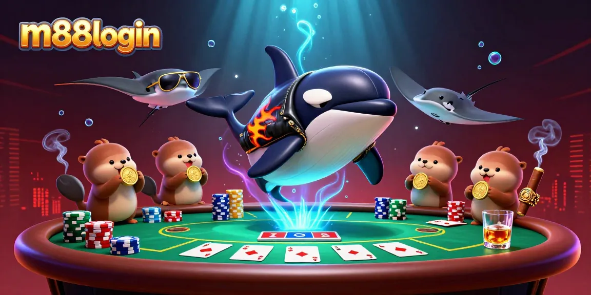 Win big with m88login in an exciting underwater casino adventure showcasing playful characters and poker games.