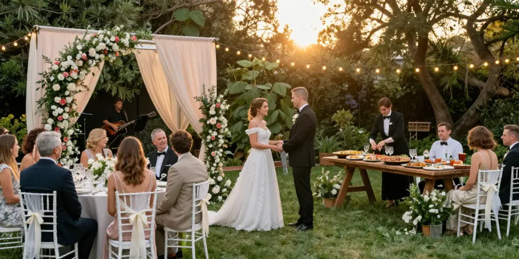 Event rentals for elegant outdoor weddings with beautiful decor and catering
