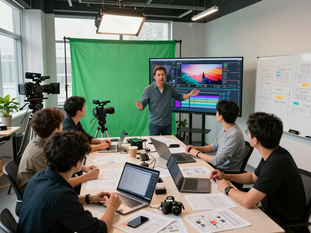 Scène de collaboration d'équipe chez Atlas pro ontv, montrant un studio de production vidéo moderne avec des équipements innovants.