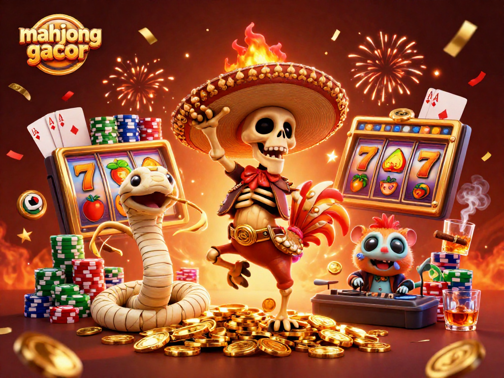 Engage in mahjong gacor excitement with vibrant scenes of winning slot reels and dynamic characters.