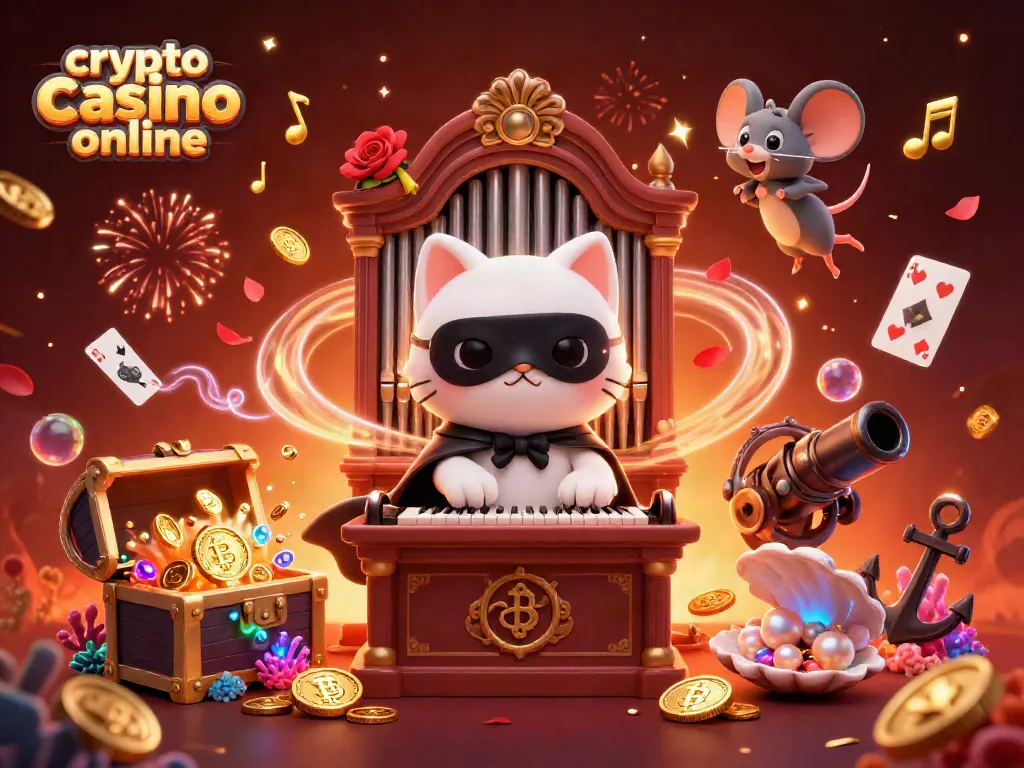 Gioca ai migliori titoli nei crypto casino online con Bitcoin e Ethereum, in un'illustrazione vibrante e festosa.