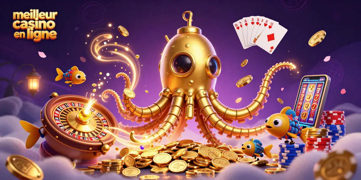Visualisez le meilleur casino en ligne avec le kraken et des pièces dorées volantes.