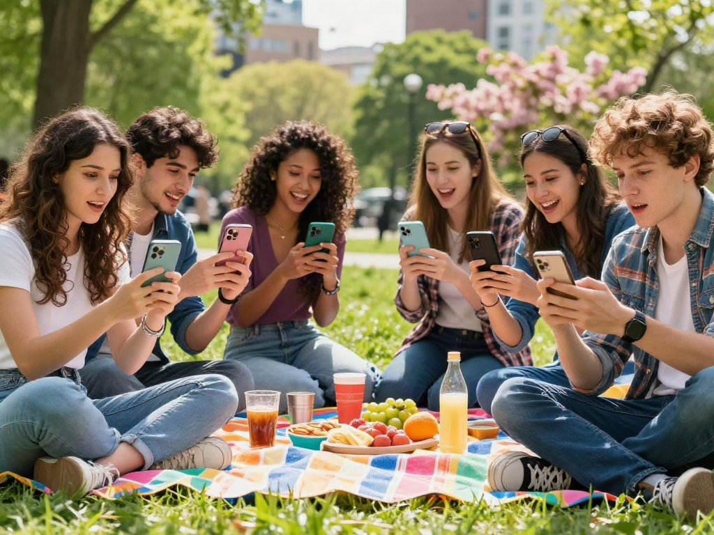 Friends using the app to determine how old do I look in a cheerful park setting.