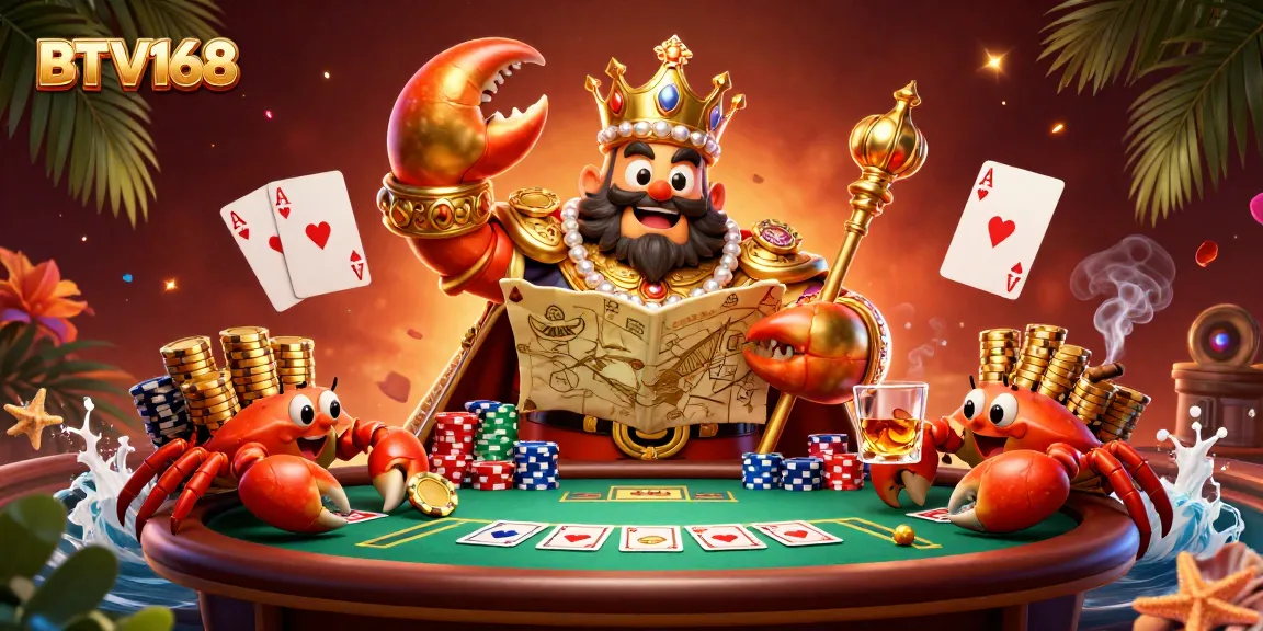 BTV168 showcases a golden crab emperor with poker elements, thrilling casino scene.