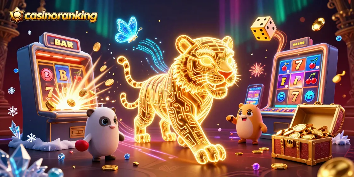 Engage with top online gaming at casinoranking with a radiant tiger in a vibrant digital casino scene.
