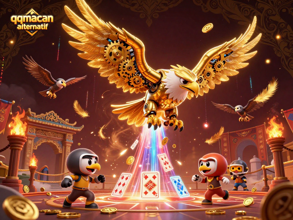 qqmacan alternatif showcases a cybernetic eagle amid vibrant casino elements in a dynamic scene