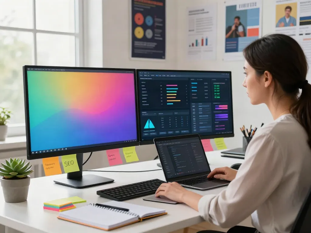 AI tools for SEO articles showcased in a modern digital marketing workspace.