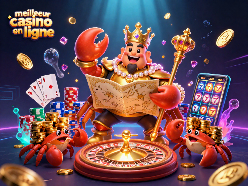 Jouez sur le meilleur casino en ligne avec un crabe doré, des jetons colorés et des jeux captivants.