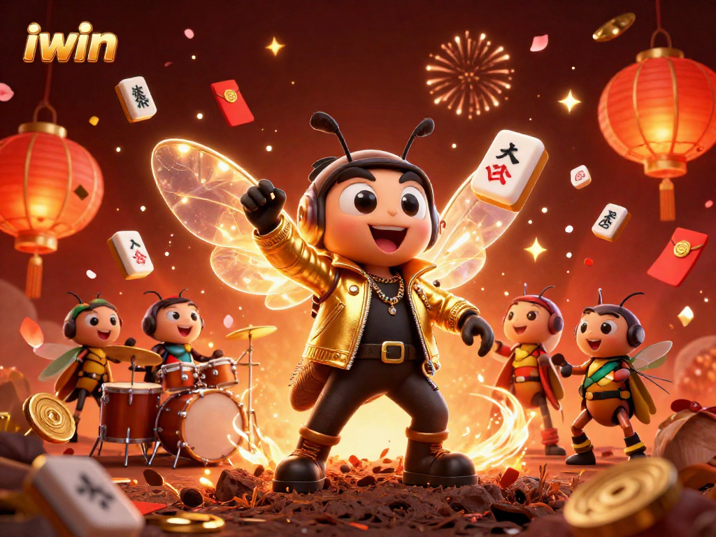 Experience iwin with a vibrant casino scene featuring a cicada rock star and festive elements.