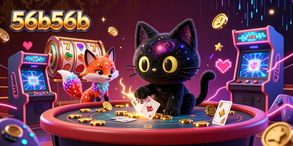 Win big at 56b56b with a vibrant cosmic casino scene featuring a black hole cat and galactic fox.