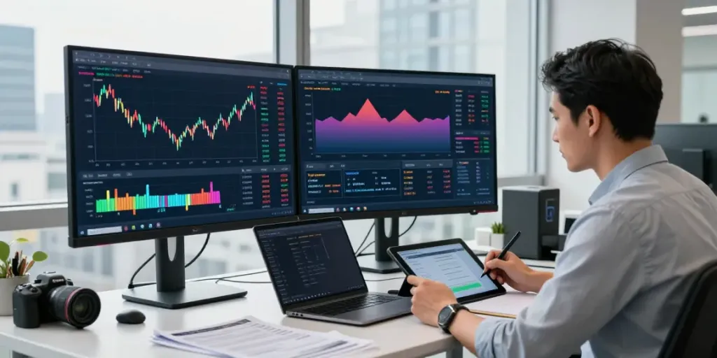 Trader analyzing financial markets using MetaTrader 5 in a modern office.
