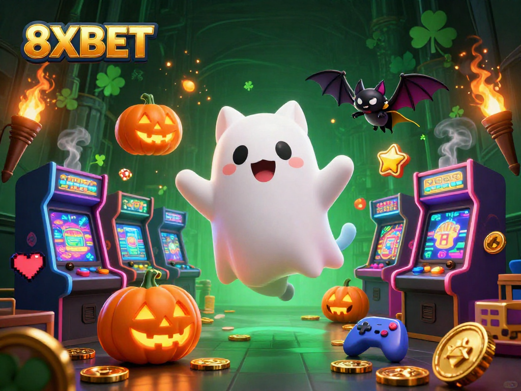 Experience thrilling gaming with 8XBET's vibrant casino atmosphere, featuring ghostly elements and dynamic energy.