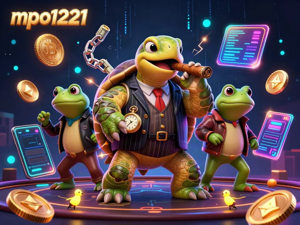 Engage in mpo1221 excitement with a cartoon snapping turtle and bullfrog enforcers surrounded by glowing crypto elements.