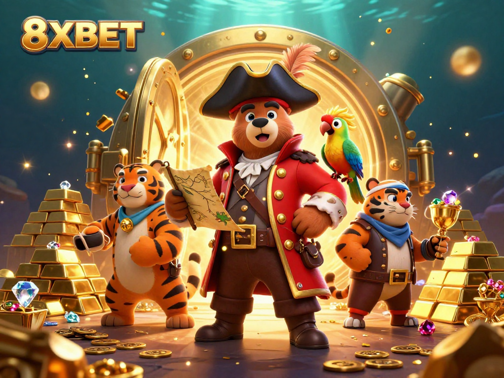Engage in thrilling gaming at 8XBET with a dynamic pirate-themed 3D illustration showcasing adventure and treasures.
