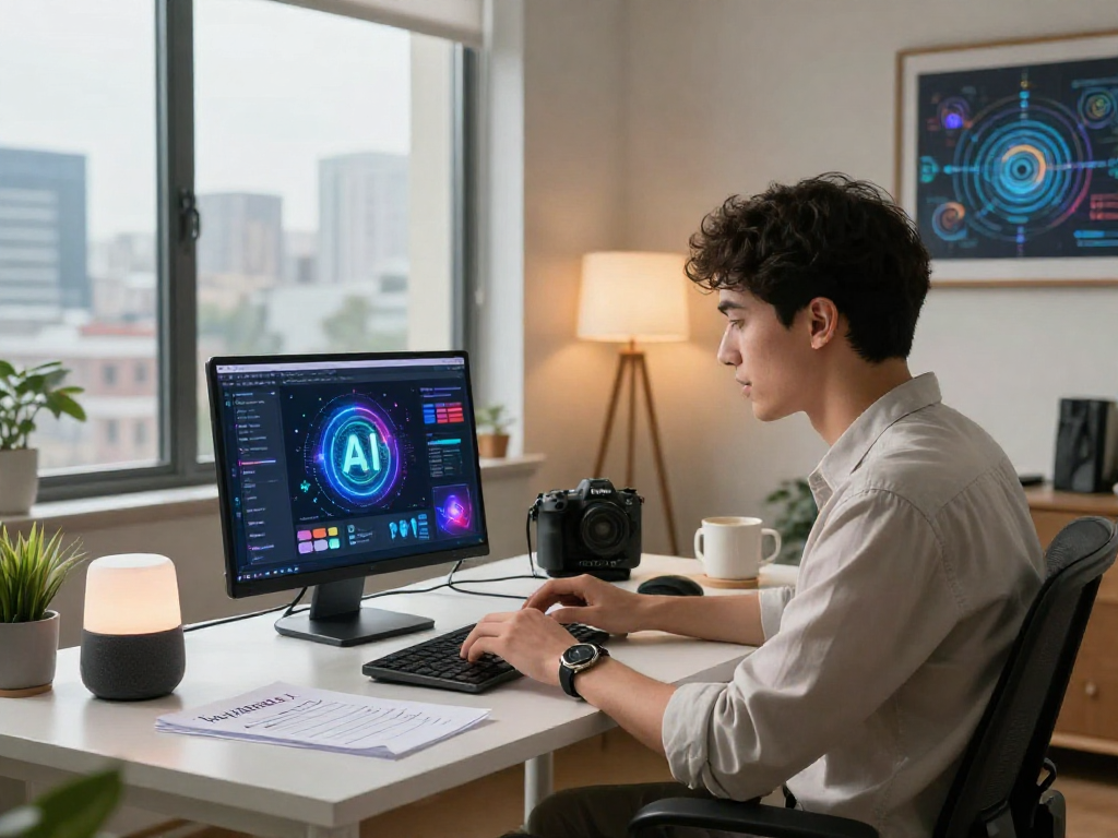 AI 18+ workspace showcasing a young professional using advanced AI tools in a stylish home office setting.
