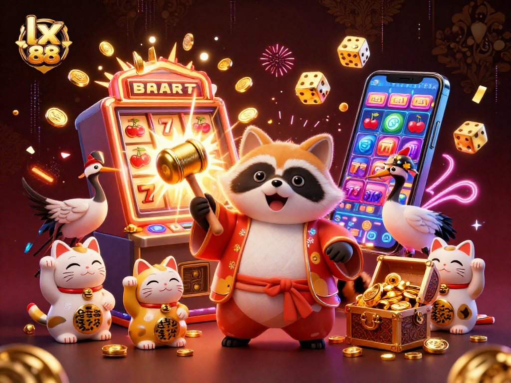 Experience the excitement of lx 88 with a dynamic casino scene featuring cheerful characters and gaming elements.
