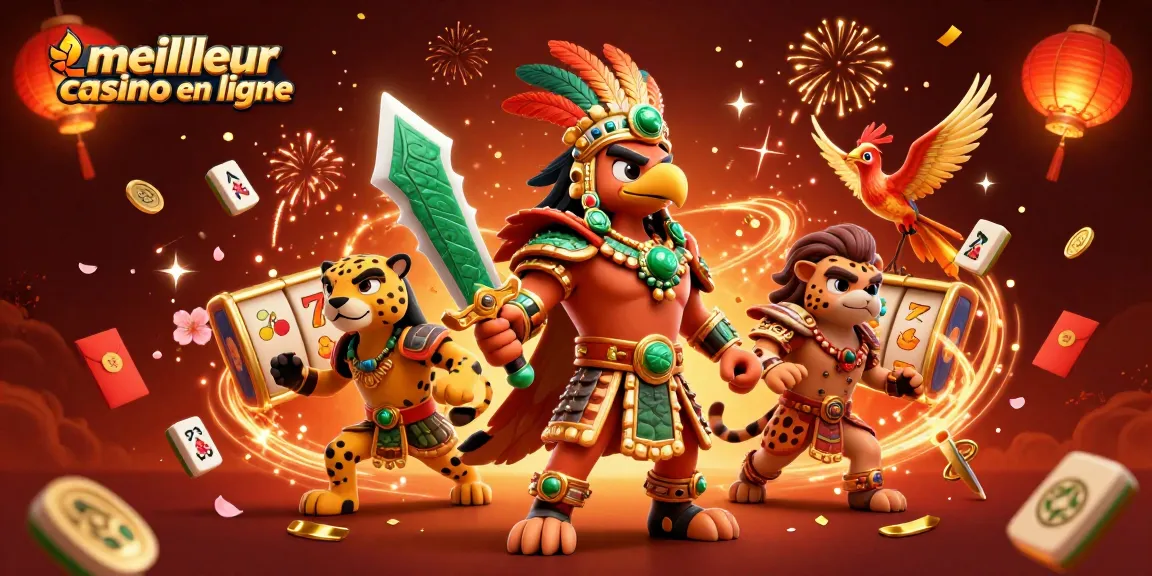 Profitez de l'expérience ultime avec le meilleur casino en ligne à travers une scène festive avec des guerriers azteques.