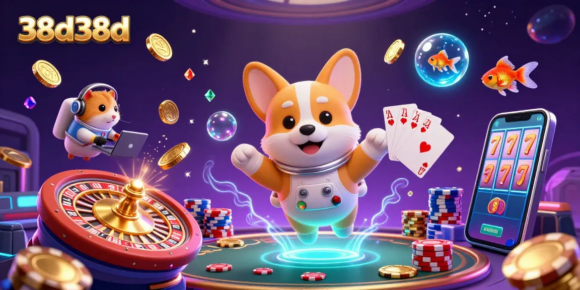 Ilustração 3D do corgi astronauta flutuante em um cassino, interagindo com moedas e fichas 38d38d.