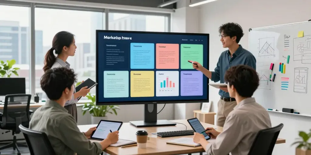 Marketing team collaboration in a bright office, check this out on their strategy screen.
