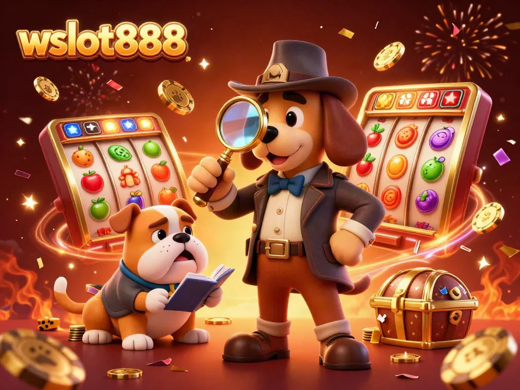 WSLOT888: Detektif dan anjing berburu trek jackpot slot dengan koin emas terbang.