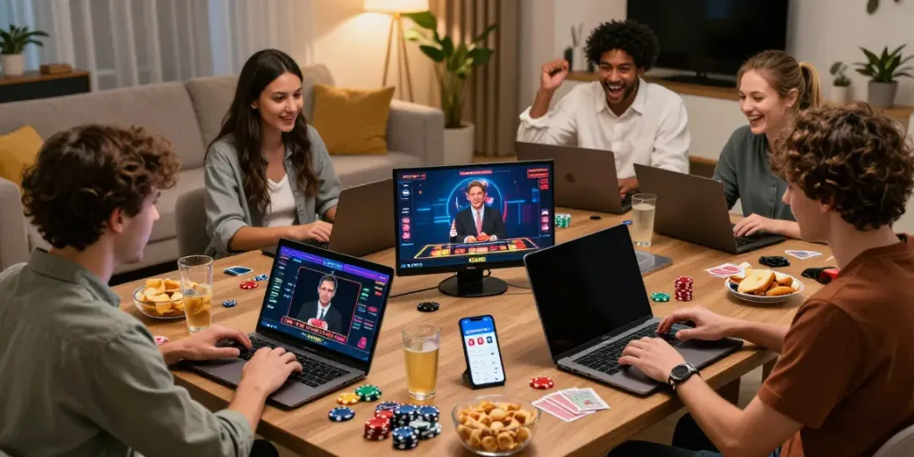 Players enjoying online casino games at home, showcasing DA88's thrilling gaming atmosphere.