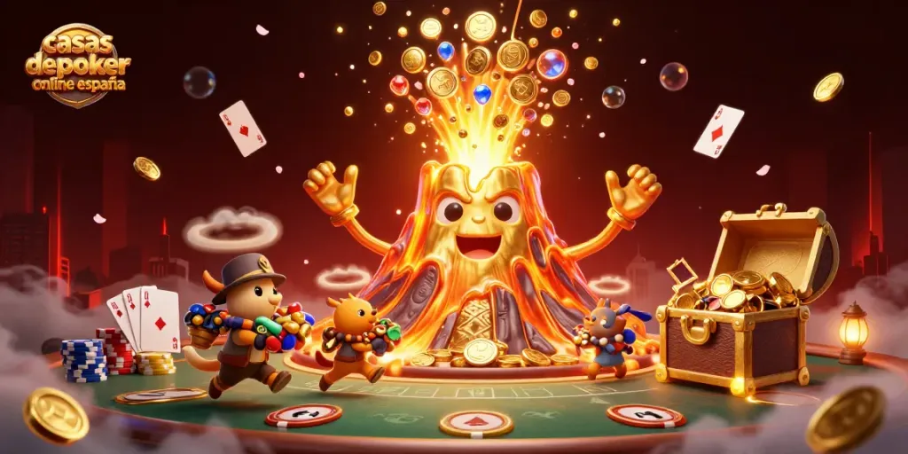Juega en casas de póker online en España con mesas, cartas y fichas de póker en un escenario vibrante.