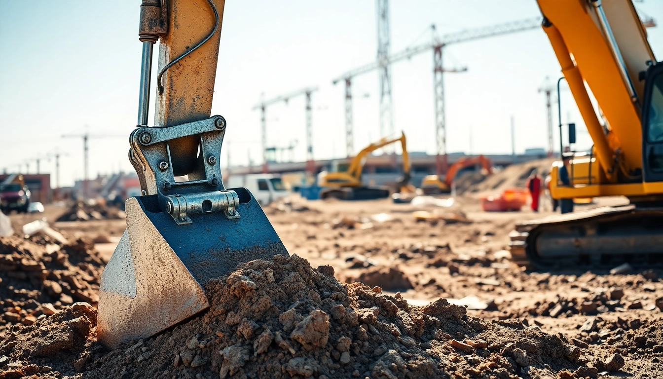 Excavator digging at a construction site with workers and equipment in the background.