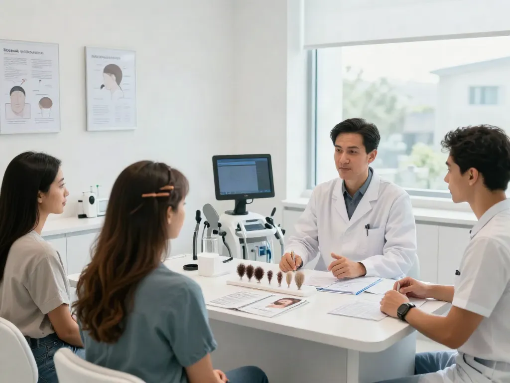 Patient consultation on hair transplant options in a modern clinic setting.