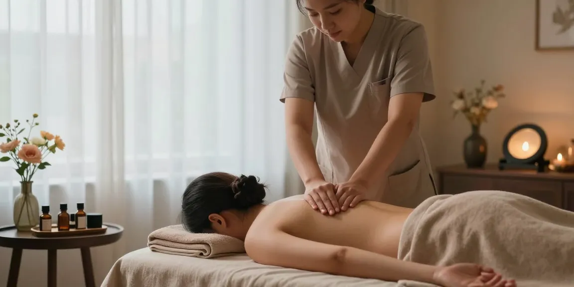 마사지 중인 전문가와 아로마 오일이 놓인 편안한 스파 환경