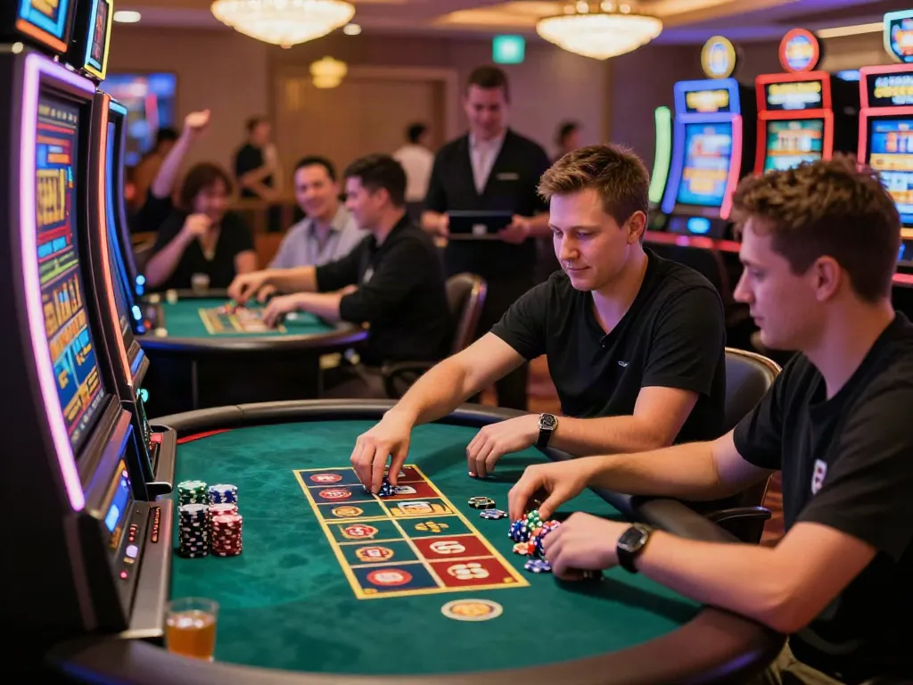 Experience the excitement of ahha4d in a lively casino atmosphere with players at slot machines.