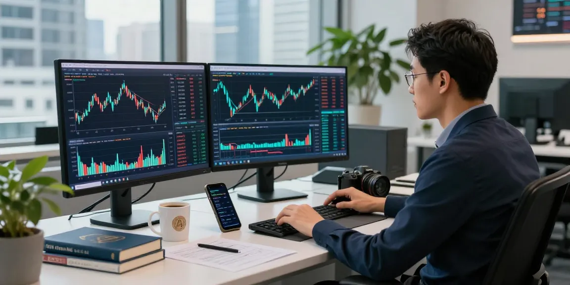 AiCoin专业交易桌景，交易员专注于显示加密货币实时数据和蜡烛图的多屏幕，现代办公室环境。
